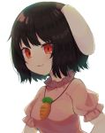  1girl :3 animal_ears backlighting black_hair carrot_necklace commentary dress floppy_ears frills ikasoba inaba_tewi pink_dress puffy_short_sleeves puffy_sleeves rabbit_ears red_eyes short_hair short_sleeves simple_background solo touhou upper_body white_background 