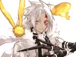  1boy claws closed_mouth coat cross crown d.gray-man eyes_visible_through_hair facial_mark flying fur-trimmed_coat fur_trim grey_eyes heterochromia jewelry male_focus red_eyes ring simple_background smile tofu_(bean359) white_background white_coat white_hair 