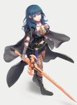  1girl armor bangs black_armor black_cape black_footwear black_shorts blue_eyes blue_hair boots breasts brown_legwear byleth_(fire_emblem) byleth_eisner_(female) cape cleavage_cutout closed_mouth commentary_request dagger detached_collar emblem eyebrows_visible_through_hair fire_emblem fire_emblem:_three_houses from_above full_body gauntlets gonzarez grey_background hair_between_eyes hand_on_own_chest highres holding holding_sword holding_weapon large_breasts long_hair looking_at_viewer looking_up navel navel_cutout pantyhose patterned_clothing shadow short_shorts shorts shoulder_armor sidelocks simple_background solo sword sword_of_the_creator weapon wrist_guards 