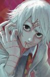  1boy absurdres bangs dokudokuo hair_ornament hairclip highres red_background red_eyes roman_numeral shirt short_hair simple_background solo stitches suzuya_juuzou tokyo_ghoul white_hair x_hair_ornament 