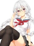 1girl absurdres ass bangs black_legwear commentary_request copyright_request eyebrows_visible_through_hair frown glasses grey_skirt highres long_hair looking_at_viewer low-tied_long_hair pink_eyes school_uniform serafuku shirt simple_background skirt solo thigh-highs tries twintails white_background white_hair 