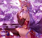  1girl absurdres animal_ear_fluff animal_ears ass bangs bare_shoulders black_fire_(peter02713) black_legwear blush breasts bridal_gauntlets cherry_blossoms china_dress chinese_clothes dress eyebrows_visible_through_hair facial_mark fan flower folding_fan fox_ears fox_girl fox_tail hair_between_eyes hair_flower hair_ornament highres holding holding_fan large_breasts long_hair looking_at_viewer pink_nails purple_hair red_dress sitting smile solo tail thigh-highs tower_of_saviors 