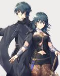 1boy 1girl armor back-to-back black_cape black_shorts blue_eyes blue_hair breasts brown_legwear byleth_(fire_emblem) byleth_eisner_(female) byleth_eisner_(male) cape closed_mouth commentary_request cowboy_shot eyebrows_visible_through_hair fire_emblem fire_emblem:_three_houses grey_background hair_between_eyes height_difference highres kikugetsu long_hair looking_at_viewer looking_back medium_breasts navel pantyhose parted_lips serious short_shorts shorts shoulder_armor simple_background thigh_gap v-shaped_eyebrows wrist_guards 