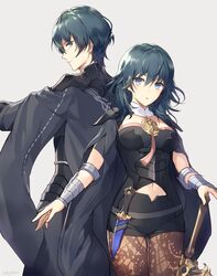  1boy 1girl armor back-to-back black_cape black_shorts blue_eyes blue_hair breasts brown_legwear byleth_(fire_emblem) byleth_eisner_(female) byleth_eisner_(male) cape closed_mouth commentary_request cowboy_shot eyebrows_visible_through_hair fire_emblem fire_emblem:_three_houses grey_background hair_between_eyes height_difference highres kikugetsu long_hair looking_at_viewer looking_back medium_breasts navel pantyhose parted_lips serious short_shorts shorts shoulder_armor simple_background thigh_gap v-shaped_eyebrows wrist_guards 