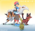  1boy backpack bag baseball_cap black_hair blue_footwear blue_shirt brown_eyes brown_shorts commentary_request dated english_commentary gradient gradient_background group_picture hat looking_at_viewer lycanroc okaohito1 open_mouth orange_background pikachu pointing pointing_forward pokemon pokemon_(anime) pokemon_(creature) pokemon_sm_(anime) rowlet satoshi_(pokemon) shirt shorts spiky_hair striped striped_shirt torracat twitter_username upper_teeth z-ring 