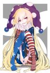  1girl absurdly_long_hair absurdres american_flag_dress american_flag_legwear blonde_hair clownpiece dress fairy_wings full_body grey_background hat head_tilt highres jester_cap knees_up long_hair looking_at_viewer maimuro neck_ruff no_shoes open_mouth pantyhose pigeon-toed pink_eyes polka_dot purple_headwear sitting smile solo star star_print striped touhou two-tone_background very_long_hair white_background wings 