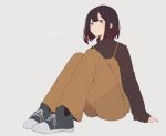  1girl artist_name bangs black_hair black_sweater blush closed_mouth full_body grey_eyes highres long_sleeves looking_at_viewer original overalls shoes short_hair signature simple_background sitting sleeves_past_wrists sneakers solo sweater turtleneck turtleneck_sweater uzyuzu37 