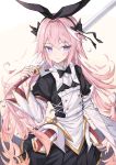  1boy astolfo_(fate) astolfo_(saber)_(fate) bangs black_bow black_gloves black_ribbon blush bow bowtie commentary_request eyebrows_visible_through_hair fang fate/grand_order fate_(series) gloves hair_bow hair_intakes hair_ribbon highres holding long_hair long_sleeves looking_at_viewer multicolored_hair otoko_no_ko pink_hair ribbon skin_fang smile solo streaked_hair twintails verslll violet_eyes white_hair 