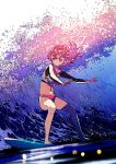  1girl apapico bikini breasts dark_skin eyebrows_visible_through_hair floral_print highres large_breasts original outstretched_arms pink_hair solo surfboard surfing swimsuit water yellow_eyes 