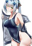  1girl absurdres blue_hair blush breasts competition_swimsuit girls_frontline green_eyes highres hk416_(girls_frontline) kyoyakyo long_hair looking_at_viewer one-piece_swimsuit open_clothes open_mouth simple_background solo swimsuit white_background 