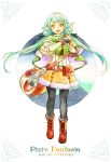  :d bag belt_pouch black_legwear blue_hair boots copyright_name full_body green_capelet handbag highres kimura_isato looking_at_viewer low_twintails open_mouth orange_eyes pantyhose pixiv_fantasia_age_of_starlight pointy_ears pouch smile standing twintails white_background 