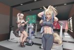  abs animal_ears arknights blonde_hair breasts commentary_request gym highres kamkac large_breasts long_hair nearl_(arknights) ponytail sports_bra tail towel white_hair yellow_eyes 