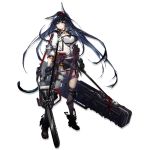  1girl animal_ear_fluff animal_ears arknights asymmetrical_legwear bangs belt black_footwear black_gloves black_hair black_skirt blaze_(arknights) blue_eyes boots breasts buckle cat_ears cat_girl cat_tail chainsaw elbow_pads fingerless_gloves floating_hair full_body gloves grey_legwear hairband headset holding jacket knee_pads kneehighs large_breasts light_smile long_hair looking_at_viewer multiple_straps name_tag official_art open_clothes open_jacket popped_collar pouch purple_legwear red_hairband sidelocks single_kneehigh single_thighhigh skirt solo tail thigh-highs thigh_strap transparent_background underbust very_long_hair weapon_case white_jacket white_tank_top wristband yui_(niikyouzou) 