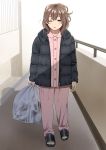  1girl arms_at_sides bag bangs black_coat black_footwear brown_eyes brown_hair full_body holding holding_bag long_sleeves mattaku_mousuke messy_hair one_eye_closed open_mouth original pants pink_pajamas pink_pants pink_shirt railing sandals shirt short_hair sleepy solo standing trash_bag winter_clothes 