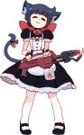  1girl 2020 animal_ears bell black_clothes black_dress black_footwear black_hair black_tail bow cat_ears cat_girl cat_tail closed_eyes closed_mouth constanze_amalie_von_braunschbank-albrechtsberger dress fire flamethrower holding holding_flamethrower holding_weapon kemonomimi_mode little_witch_academia maid red_bow rtil shoes short_hair smile solo tail tail_bell tail_bow weapon white_background white_legwear 