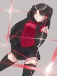  1girl aito black_hair black_legwear black_skirt blue_eyes breasts closed_mouth fate/stay_night fate_(series) highres long_hair looking_at_viewer pleated_skirt simple_background skirt smile solo sweater thigh-highs toosaka_rin two_side_up 