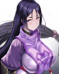  1girl bangs blush bodysuit breasts closed_mouth fate/grand_order fate_(series) hair_between_eyes highres large_breasts long_hair looking_at_viewer low-tied_long_hair minamoto_no_raikou_(fate/grand_order) parted_bangs purple_bodysuit purple_hair ribbed_sleeves rope smile solo tabard takanashi-a very_long_hair violet_eyes white_background 