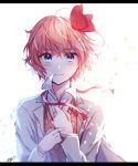  1girl aicedrop backlighting bangs blue_eyes blush bow doki_doki_literature_club eyebrows_visible_through_hair grey_jacket hair_bow hands_on_own_chest jacket letterboxed long_sleeves looking_at_viewer open_clothes open_jacket pink_hair red_bow sayori_(doki_doki_literature_club) school_uniform short_hair solo upper_body 