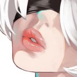  1girl black_blindfold blindfold chorogon face lips medium_hair nier_(series) nier_automata parted_lips pink_lips simple_background solo white_background white_hair yorha_no._2_type_b 
