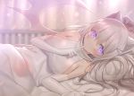  1girl animal_ears bare_shoulders bed_sheet blanket blonde_hair blurry blurry_background blush breasts cat_ears closed_mouth commentary_request depth_of_field elbow_gloves finger_to_mouth gloves index_finger_raised large_breasts lens_flare long_hair looking_at_viewer lying on_bed on_side original pillow shushing sideboob sleeveless smile solo star star_in_eye symbol_in_eye under_covers violet_eyes white_gloves white_wings wings yano_mitsuki 