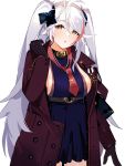  1girl antenna_hair azur_lane bangs black_gloves blush breasts brown_eyes casual earrings eyebrows_visible_through_hair gloves hair_between_eyes highres hoop_earrings iron_cross jewelry large_breasts long_hair looking_at_viewer mania_(fd6060_60) mole mole_on_breast multicolored_hair open_mouth prinz_eugen_(azur_lane) redhead sideboob simple_background solo standing streaked_hair swept_bangs two_side_up very_long_hair white_background white_hair 