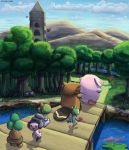  :d bibarel bird black_eyes blue_sky bonsly bridge chansey clouds cloudy_sky commentary day duskull english_commentary fish forest gastly gen_1_pokemon gen_3_pokemon gen_4_pokemon gen_5_pokemon ghost hallowed_tower_(pokemon) magikarp mcgmark mime_jr. mountain nature open_mouth outdoors pokemon ralts road roselia sign sinnoh_route_209 sky smile starly tower tree walking 