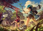  &gt;_&lt; 3boys animal backpack backwards_hat bag bandaid bandaid_on_knee baseball_cap bird black_shorts blue_headwear blue_shirt blurry blurry_foreground branch brown_hair brown_shorts bug butterfly calendar_(object) child clouds commentary_request day depth_of_field hat holding holding_bag holding_branch insect leaf light_rays male_focus motion_blur multiple_boys noeyebrow_(mauve) open_mouth original outdoors pouch randoseru red_shirt rope running shimenawa shirt shoes short_sleeves shorts sneakers summer sweatdrop torii tree wavy_mouth yellow_shirt 