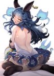  1girl animal_ears arched_back ass back backless_dress backless_outfit bangs biting_hair black_gloves black_legwear black_panties blue_hair blush dress erune eyebrows_visible_through_hair ferry_(granblue_fantasy) floating_hair foreshortening from_behind ghost gloves granblue_fantasy hair_between_eyes hair_intakes hair_ornament hand_on_own_arm highres jewelry long_hair looking_at_viewer looking_back migumigu no_shoes open_mouth panties petticoat shoulder_blades simple_background single_earring sitting sleeveless sleeveless_dress thigh-highs tongue underwear wariza white_background x_hair_ornament yellow_eyes 