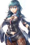  1girl armor armored_dress belt black_legwear blue_eyes blue_hair breasts byleth_(fire_emblem) byleth_eisner_(female) dagger detached_collar eyebrows_visible_through_hair fire_emblem fire_emblem:_three_houses hand_on_hip highres jacket jacket_on_shoulders large_breasts long_hair looking_at_viewer midriff navel open_mouth pantyhose samoore short_shorts shorts simple_background smile solo vambraces weapon white_background 