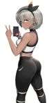  1girl absurdres bare_shoulders blush bodysuit_under_clothes breasts cellphone dark_skin greem_bang grey_hair gym_leader hair_between_eyes hairband highres holding holding_phone logo looking_at_viewer midriff nike pants phone pokemon pokemon_(game) pokemon_swsh saitou_(pokemon) self_shot short_hair simple_background smartphone solo sports_bra sportswear sweatdrop v v-shaped_eyebrows white_background wristband 