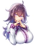  1girl blouse blush bow breasts eyebrows_visible_through_hair hair_ornament huge_breasts long_sleeves looking_at_viewer neck_ribbon open_mouth original purple_hair ribbon sidelocks simple_background solo violet_eyes white_background white_blouse yamaarashi 