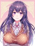  1girl :3 aicedrop arms_under_breasts bangs blush breasts doki_doki_literature_club eyebrows_visible_through_hair hair_between_eyes hair_ornament hairclip heart heart_in_eye jacket large_breasts long_hair long_sleeves looking_at_viewer open_clothes open_jacket orange_vest purple_hair school_uniform shirt smile solo sweat symbol_in_eye upper_body violet_eyes white_shirt wing_collar yuri_(doki_doki_literature_club) 