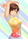  1girl arms_up blush breasts brown_hair character_request eyebrows_visible_through_hair floral_print hair_between_eyes highres large_breasts multicolored multicolored_background multicolored_shirt open_mouth smile solo wa_(genryusui) 