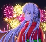  1girl ak-12_(girls_frontline) defy_(girls_frontline) drawing fireworks girls_frontline highres japanese_clothes kimono long_hair looking_at_viewer night silver_hair solo tagme talnory violet_eyes 