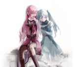  2girls aqua_dress aqua_hair argyle argyle_legwear black_neckwear boots capelet closed_eyes commentary dress feet_out_of_frame hand_to_own_mouth hatsune_miku knee_boots lady-ichiko leaning_on_person long_hair long_sleeves megurine_luka multiple_girls necktie open_mouth pink_dress pink_hair sitting sleeveless sleeveless_dress smile straight_hair thigh-highs twintails very_long_hair vocaloid white_background 