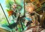  1boy 1girl :d black_gloves book bookshelf braid copyright_name dress dutch_angle gloves grey_hair highres indoors ladder open_book open_mouth pixiv_fantasia_age_of_starlight quill scroll silver_hair sitting smile suzunana0730 tree window 