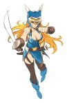  1girl bangs black_gloves black_legwear blonde_hair blue_armor blue_footwear blue_headwear boots breasts brown_eyes closed_mouth commentary daisy_(dq) dragon_quest dragon_quest_yuusha_abel_densetsu full_body gloves helmet high_heel_boots high_heels holding holding_sword holding_weapon horned_helmet long_hair looking_at_viewer medium_breasts nishieda scabbard scimitar sheath simple_background smile solo standing standing_on_one_leg sword thigh-highs weapon white_background 