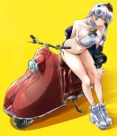  1girl absurdres bikini blue_hair breasts girls_frontline green_eyes ground_vehicle hat highres hk416_(girls_frontline) jacket_on_shoulders kyoyakyo long_hair looking_at_viewer motor_vehicle open_clothes scooter simple_background solo swimsuit 