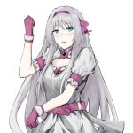  1girl an-94_(girls_frontline) blush cocoro_magical defy_(girls_frontline) girls_frontline gloves green_eyes hairband highres long_hair magical_girl open_mouth pink_gloves silver_hair simple_background solo tagme talnory white_background 