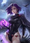  1girl blondynkitezgraja clouds cloudy_sky colored_pencil_(medium) dc_comics energy gloves highres looking_at_viewer purple_hair raven_(dc) short_hair signature sky solo teen_titans traditional_media upper_body violet_eyes watermark web_address 