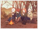  2boys 2girls autumn autumn_leaves bandaid bandaid_on_nose branch eating flower_(vocaloid) food fukase hair_over_one_eye holding holding_food leaf mi_no_take multiple_boys multiple_girls outdoors potato red_eyes redhead sf-a2_miki steam sweet_potato twitter_username utatane_piko v_flower_(vocaloid4) vocaloid yakiimo 