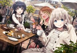  3girls bangle black_hair blonde_hair blue_eyes bow bracelet brown_eyes brown_hair building cafe cake cardigan chair closed_eyes commentary_request cup dark_skin dutch_angle earrings food gradient_hair grey_hair gyaru hair_bow highres idolmaster idolmaster_shiny_colors izumi_mei jewelry licking_lips long_hair long_sleeves looking_at_viewer mayuzumi_fuyuko multicolored_hair multiple_girls open_mouth overalls plaid plaid_shirt sandwich serizawa_asahi shirt short_hair sitting sleeves_past_wrists sonsoso straylight_(idolmaster) table teacup tongue tongue_out tree two_side_up 