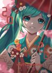  1girl 2020 blurry_foreground cherry_blossoms dappled_sunlight floral_print flower hair_flower hair_ornament happy_new_year hatsune_miku highres holding holding_umbrella japanese_clothes kimono long_hair looking_at_viewer new_year oriental_umbrella parted_lips ribbon shiina0227 smile solo sunlight twintails umbrella upper_body vocaloid 