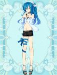  androgynous black_shorts blue_background blue_hair blue_ribbon bow choker full_body hair_between_eyes hair_bow hands_up kerberos_blade l_(matador) leg_ribbon long_hair looking_at_viewer ribbon sandals short_shorts shorts simple_background solo standing white_bow zipper 