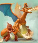  blue_eyes breathing_fire charizard charmander charmeleon claws commentary creature dragon english_commentary fire full_body gen_1_pokemon highres horn horns mcgmark no_humans pokemon pokemon_(creature) pokemon_on_head shadow signature simple_background standing 