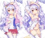  1girl arm_garter arm_up armpits arms_up azur_lane babydoll bare_shoulders bed_sheet bird breasts camisole chick choker collarbone craytm dakimakura fur_trim hair_ornament hairband jacket laffey_(azur_lane) lavender_hair lingerie long_hair long_sleeves looking_at_viewer lying manjuu_(azur_lane) medium_breasts miniskirt multiple_views navel on_back open_clothes open_jacket panties parted_lips pink_jacket pleated_skirt red_eyes red_skirt skirt stomach thigh-highs twintails underwear very_long_hair white_legwear white_panties zettai_ryouiki 