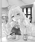  1girl alcohol bangs blush bottle breasts drawing_nk eyebrows_visible_through_hair flower food fork fruit glass greyscale hair_between_eyes hair_flower hair_ornament hat holding holding_fork ice ice_cube kantai_collection long_hair long_sleeves mini_hat monochrome ocean open_mouth open_sign outdoors pancake plate pola_(kantai_collection) ship sitting solo table vodka water watercraft 