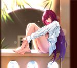  1girl bangs barefoot bikini bikini_under_clothes blush breasts closed_mouth dress_shirt fate/grand_order fate_(series) feet highres knees_up large_breasts legs long_hair long_sleeves looking_at_viewer open_clothes open_shirt palm_tree purple_bikini purple_hair red_eyes scathach_(fate)_(all) scathach_(swimsuit_assassin)_(fate) shijie_jianfa shirt sitting smile solo swimsuit tree white_shirt 