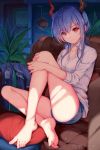  1girl absurdres arknights artist_name bangs bare_legs barefoot blue_hair blue_shorts breasts ch&#039;en_(arknights) collarbone commentary_request eyebrows_visible_through_hair hair_between_eyes head_tilt highres horns indoors knee_up long_hair long_sleeves looking_at_viewer medium_breasts plant rafael-m red_eyes shirt short_shorts shorts sidelocks signature sitting solo thighs white_shirt wing_collar 