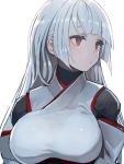  1girl bangs blunt_bangs bodysuit_under_clothes breasts highres japanese_clothes kimono large_breasts long_hair looking_to_the_side original red_eyes silver_hair simple_background solo straight_hair taishi_(picchiridou) tsuru-chan upper_body white_background 